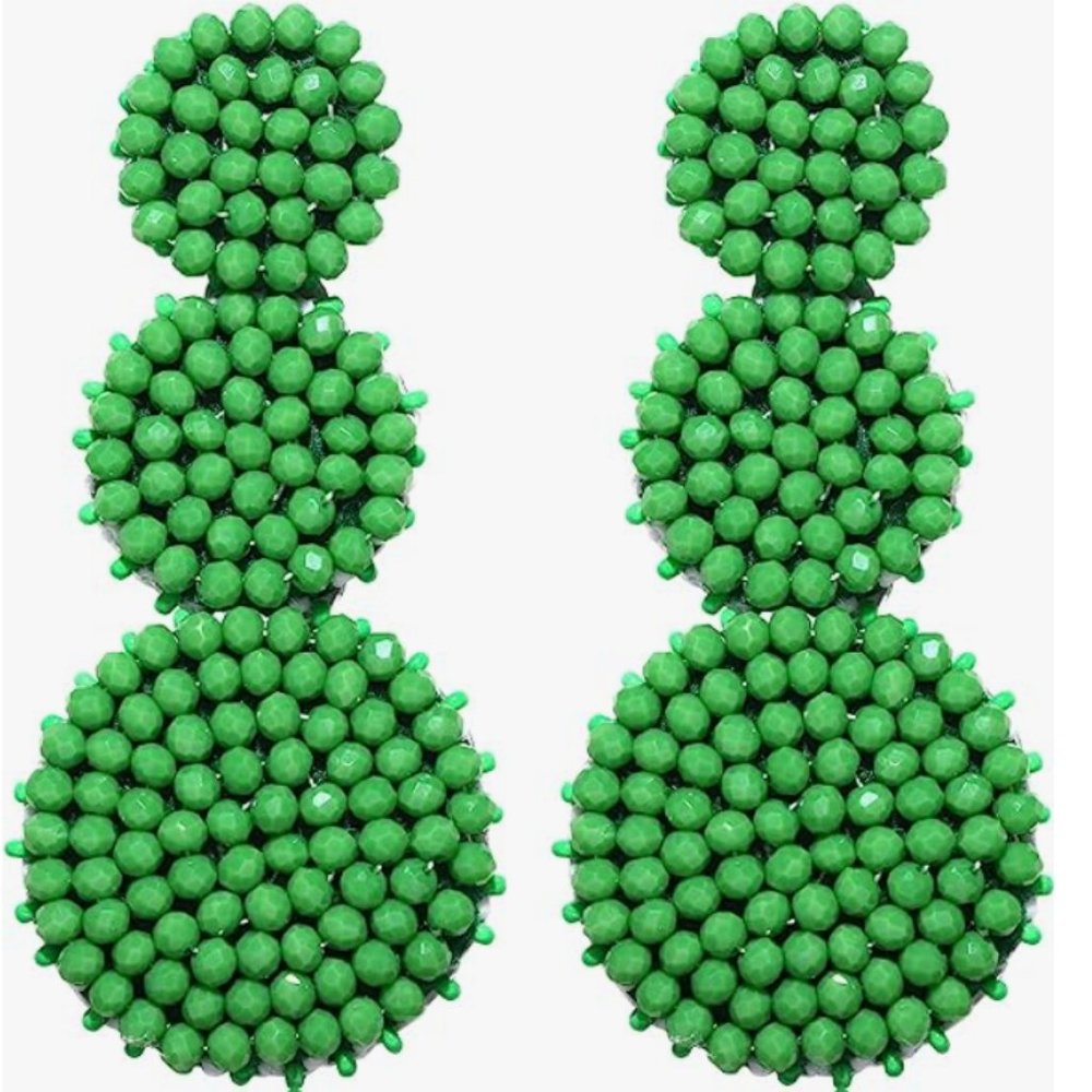 Green Beaded Triple Tier Statement Earrings 60s Bohemian Big Bold Boho Jewelry